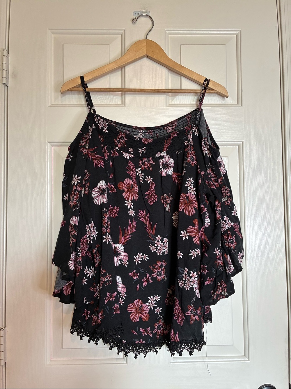 Black Floral Cold-Shoulder Blouse with Pink Accents